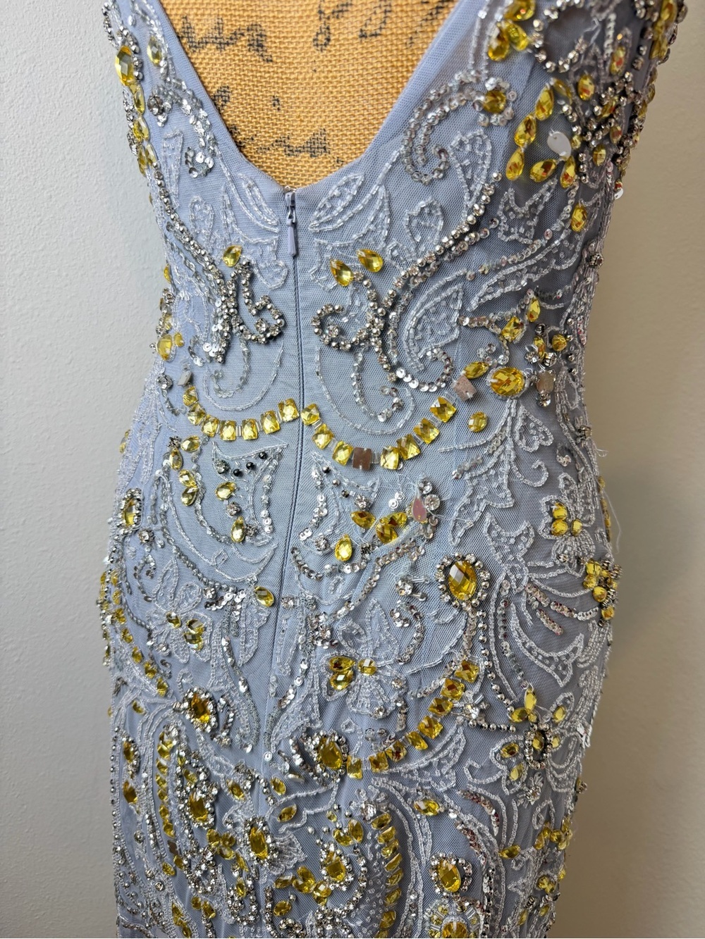 Sherri Hill Beaded Cocktail Dress Blue Gray Gold Embellished Open Back Size 8 - Picture 8 of 10